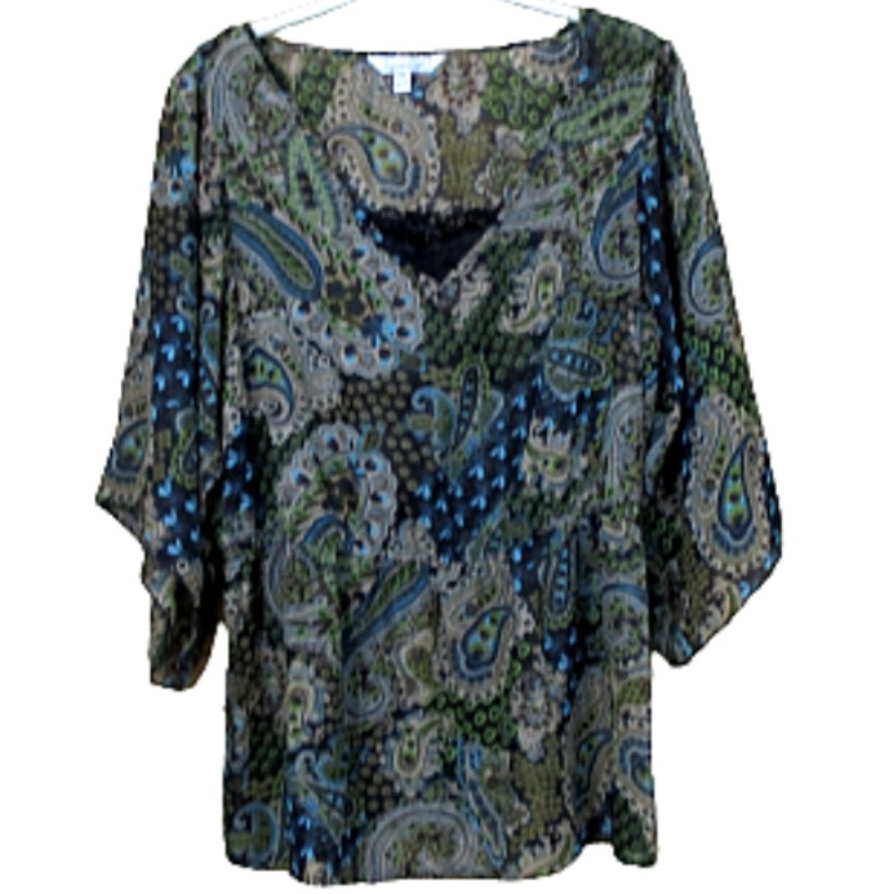 Speechless Sheer Paisley Print 3/4 Sleeve Peasant Top XL